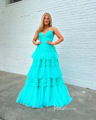 Spaghetti Strap Tiered Ruffle Prom Dresses 2024 Sparkly Tulle Formal Dresses FD2993