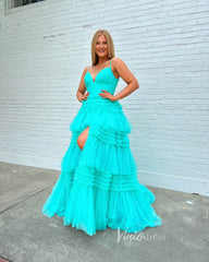 Spaghetti Strap Tiered Ruffle Prom Dresses 2024 Sparkly Tulle Formal Dresses FD2993