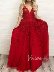 Spaghetti Strap V-neck Prom Dresses A-line Lace Applique Formal Dress FD1348