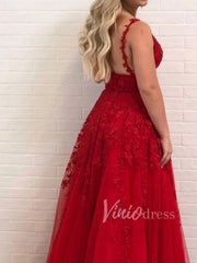 Spaghetti Strap V-neck Prom Dresses A-line Lace Applique Formal Dress FD1348