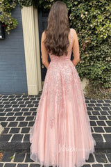 Spaghetti Strap V-neck Prom Dresses A-line Lace Applique Formal Dress FD1348