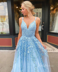 Spaghetti Strap V-neck Prom Dresses A-line Lace Applique Formal Dress FD1348