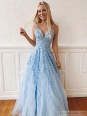 Spaghetti Strap V-neck Prom Dresses A-line Lace Applique Formal Dress FD1348