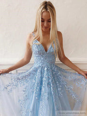 Spaghetti Strap V-neck Prom Dresses A-line Lace Applique Formal Dress FD1348