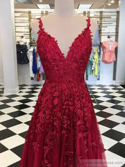 Spaghetti Strap V-neck Prom Dresses A-line Lace Applique Formal Dress FD1348