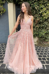 Spaghetti Strap V-neck Prom Dresses A-line Lace Applique Formal Dress FD1348