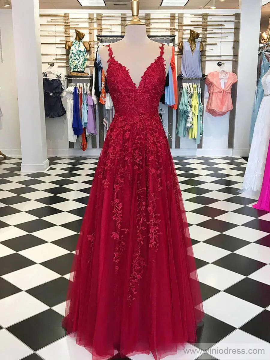 Spaghetti Strap V-neck Prom Dresses A-line Lace Applique Formal Dress FD1348