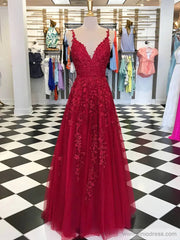 Spaghetti Strap V-neck Prom Dresses A-line Lace Applique Formal Dress FD1348