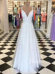 Spaghetti Strap V-neck Prom Dresses A-line Lace Applique Formal Dress FD1348