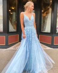Spaghetti Strap V-neck Prom Dresses A-line Lace Applique Formal Dress FD1348