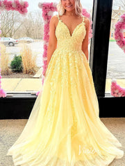 Spaghetti Strap V-neck Prom Dresses A-line Lace Applique Formal Dress FD1348