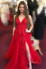 Spaghetti Strap V-neck Red Lace Prom Dresses with Slit FD2124B Lace-up Back