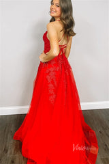 Spaghetti Strap V-neck Red Lace Prom Dresses with Slit FD2124B Lace-up Back