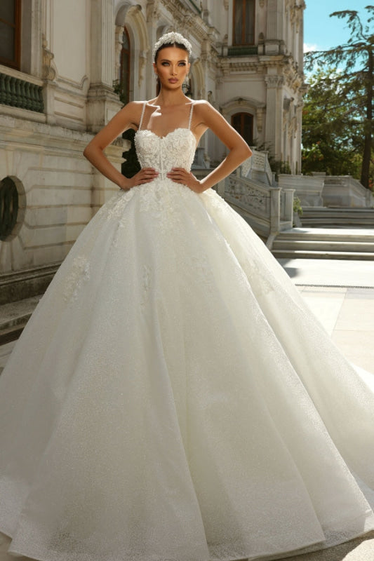 Spaghetti Straps Sweetheart  A-Line Appliques Lace Ball Gown Wedding Dress