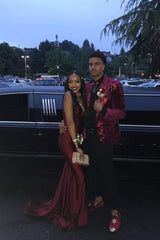 Spaghetti Straps Backless Red Prom Long Mermaid Evening Formal Dress