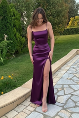 Spaghetti Straps Mermaid Champagne Satin Long Prom Dresses with High Slit Formal Graduation Evening Dresses