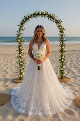 Spaghetti Straps Open Back Appliques Lace A-Line Wedding Dresses