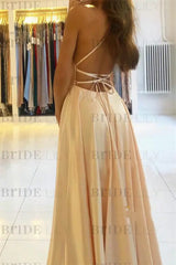 Spaghetti Straps Simple Satin Long Prom Dress with Slit