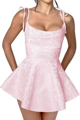 Spaghetti Straps Satin Mini Party Dress Jacquard Homecoming Dress Sleeveless