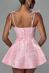 Spaghetti Straps Satin Mini Party Dress Jacquard Homecoming Dress Sleeveless