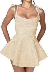 Spaghetti Straps Satin Mini Party Dress Jacquard Homecoming Dress Sleeveless