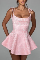 Spaghetti Straps Satin Mini Party Dress Jacquard Homecoming Dress Sleeveless