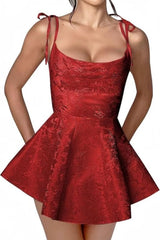 Spaghetti Straps Satin Mini Party Dress Jacquard Homecoming Dress Sleeveless