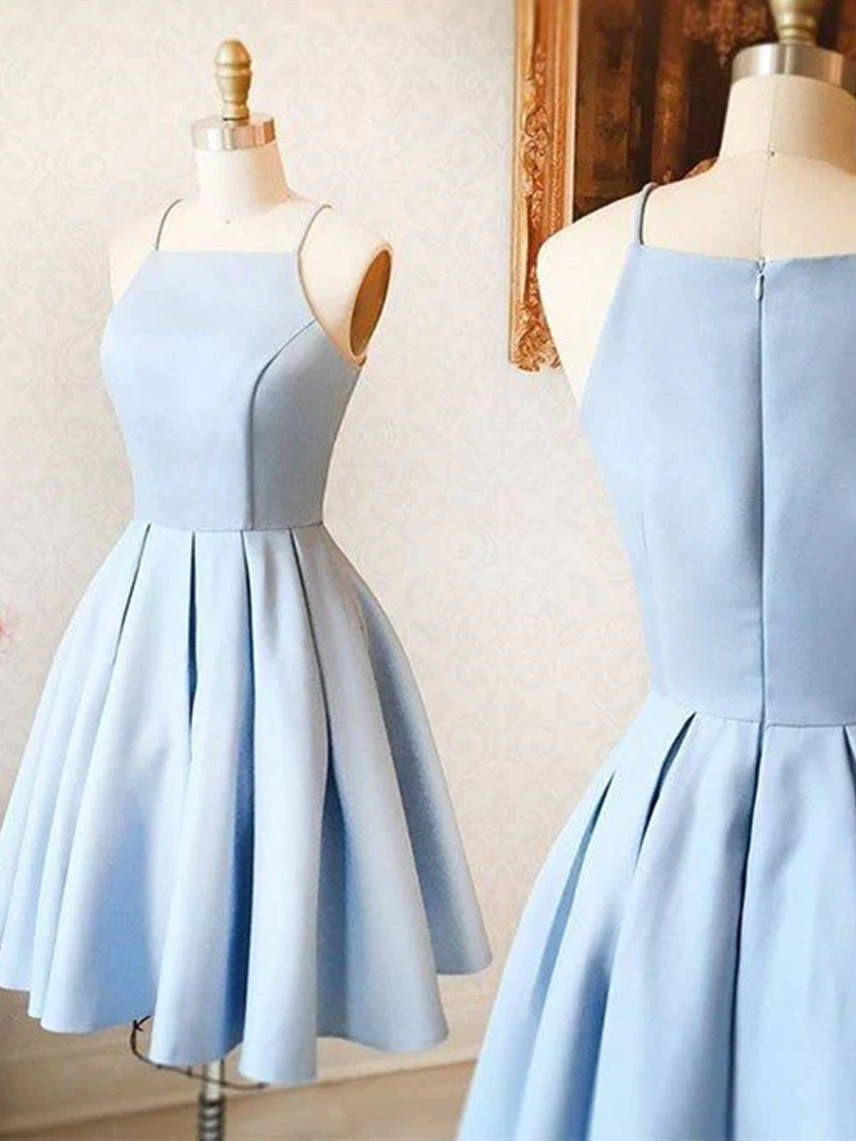 Spaghetti Stracts Robes de bal courtes bleu clair, courtes robes de remise des diplômes bleu clair