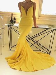Spaghetti Straps Sweep/Brush Train With Ruffles Satin Dresses