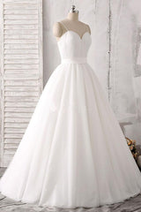 Elegant thin shoulder straps sweet floor mopping white satin and floor length wedding dress