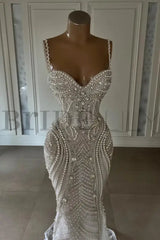 Spaghetti Straps Sweetheart Mermaid Wedding Dress Beadings Pearls Bridal Gown