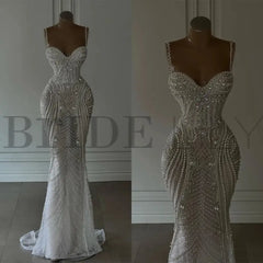 Spaghetti Straps Sweetheart Mermaid Wedding Dress Beadings Pearls Bridal Gown