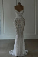 Spaghetti Straps Sweetheart Mermaid Wedding Dress Beadings Pearls Bridal Gown
