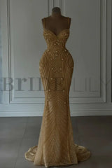 Spaghetti Straps Sweetheart Mermaid Wedding Dress Beadings Pearls Bridal Gown