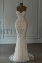 Spaghetti Straps Sweetheart Mermaid Wedding Dress Beadings Pearls Bridal Gown