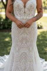 Spaghetti Straps Tulle Appliques Lace Mermaid Wedding Dresses