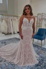 Spaghetti Straps Tulle Appliques Lace Mermaid Wedding Dresses