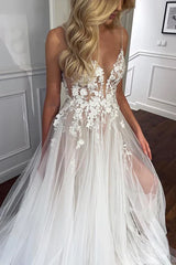 Aimishang Elegant Spaghetti Straps V-Neck Lace Appliques A-line Tulle Rustic Wedding Dress