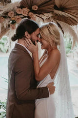 Spaghetti Straps V-neck Simple Beach Wedding Dress White Sexy Without Wedding Veil