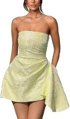 Sparkle Strapless Mini Party Dress Backless Satin Jacquard Homecoming Dress with Pocket