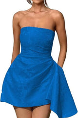 Sparkle Strapless Mini Party Dress Backless Satin Jacquard Homecoming Dress with Pocket