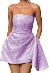 Sparkle Strapless Mini Party Dress Backless Satin Jacquard Homecoming Dress with Pocket