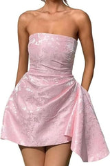 Sparkle Strapless Mini Party Dress Backless Satin Jacquard Homecoming Dress with Pocket