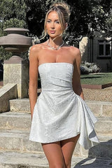 Sparkle Strapless Mini Party Dress Backless Satin Jacquard Homecoming Dress with Pocket