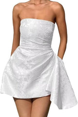 Sparkle Strapless Mini Party Dress Backless Satin Jacquard Homecoming Dress with Pocket