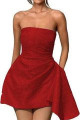 Sparkle Strapless Mini Party Dress Backless Satin Jacquard Homecoming Dress with Pocket