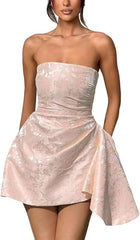 Sparkle Strapless Mini Party Dress Backless Satin Jacquard Homecoming Dress with Pocket