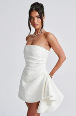 Sparkle Strapless Mini Party Dress Backless Satin Jacquard Homecoming Dress with Pocket