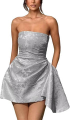 Sparkle Strapless Mini Party Dress Backless Satin Jacquard Homecoming Dress with Pocket