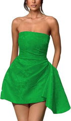 Sparkle Strapless Mini Party Dress Backless Satin Jacquard Homecoming Dress with Pocket